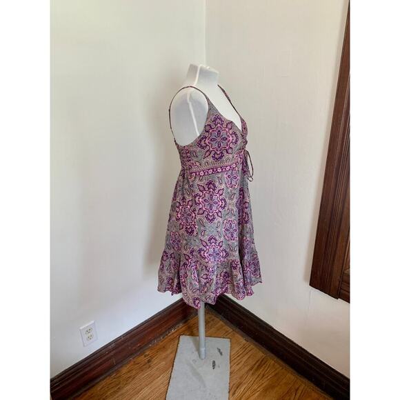 Indian VTG Silk Blend Paisley Floral Boho Sun Dress Flowing Fairy Bow Ruffle - Picture 14 of 14